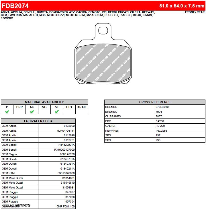 ΛΥΡΗΣ FERODO ΤΑΚΑΚΙΑ ΟΠΙΣΘΙΑ ΓΙΑ DUCATI MONSTER 696 2008-2013, FDB2074ST 