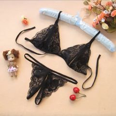 Black Bra+Underwear+Socks Open See-Through Bra Panty Set os