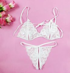 White Bra+Underwear+Socks Open See-Through Bra Panty Set os