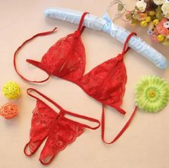 Red Bra+Underwear+Socks Open See-Through Bra Panty Set os
