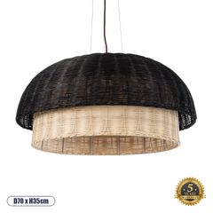Boho Κρεμαστό Φωτιστικό CORSICA Μονόφωτο 1 x E27 AC220-240V IP20 - Φ70 x Υ35cm - Μαύρο Μπεζ Ξύλινο Μπαμπού Πλέγμα Καμπάνα