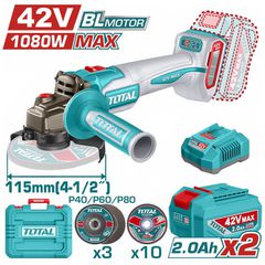 Τροχός Γωνιακός 115mm TOTAL Μπαταρίας Li-ion 42V Σέτ με 2 Μπαταρίες 2Ah BL Motor Επαγγελματικό ( TAGLI4108112E )