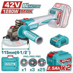 Τροχός Γωνιακός 115mm TOTAL Μπαταρίας Li-ion 42V Σέτ με 2 Μπαταρίες 2,5Ah BL Motor Επαγγελματικό ( TAGLI4128112E )