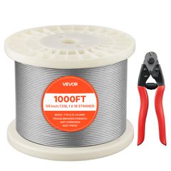 Συρματόσχοινο VEVOR 3,2 mm, μήκος 304,8 m, καλώδιο από ανοξείδωτο χάλυβα 316 με κόφτη, αντοχή σε θραύση 798 kg, κατασκευή 1 x 19 κλώνων, χαλύβδινο καλώδιο για σύστημα κιγκλιδωμάτων καταστρώματος, πέργ
