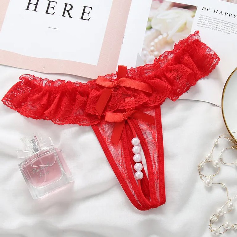 Lace Pearl Open Thong Red os