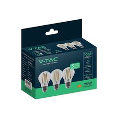 VTAC - Λάμπα LED E27 10W Filament A60 3000K (Συσκευασία 3τμχ) - SKU: 2144101