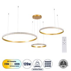 Κρεμαστό Φωτιστικό Δαχτυλίδι-Κύκλος LED CCT 120W 14723lm 360° AC 220-240V - Εναλλαγή Φωτισμού μέσω Τηλεχειριστηρίου All In One Ψυχρό 6000k+Φυσικό 4500k+Θερμό 2700k Dimmable Φ40+60+80cm - Χρυσό Βούρτσα