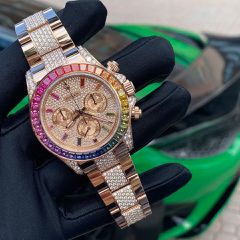 Rolex Daytona Rainbow 116595RBOW 18K Rose Gold Iced out - Diamonds- sapphire bezel. Superclone Quality Replica 1:1