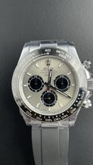 Rolex Cosmograph Daytona with reference 126519LN 40mm White Gold Case.It features a Steel and Silver Dial on a Oysterflex Bracelet custom superclone 4131 movement with deep glass and extra weight