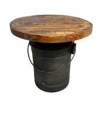 Vintage Industrial Τραπέζι "Milk Can" με Μεταλλική Βάση & Μασίφ Ξύλο