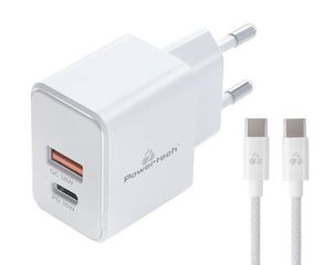 POWERTECH φορτιστής τοίχου PT-1248, καλώδιο, USB/USB-C, 20W, GaN, λευκός
