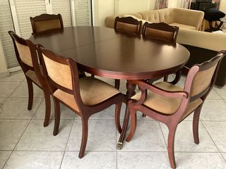 VINTAGE TABLE WITH EXTENSION AND VELOUR CHAIRS
