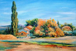 ΠΙΝΑΚΑΣ ΖΩΓΡΑΦΙΚΗΣ ΤΗΣ ΛΟΛΑΣ ΜΕΛΑ(1918-1988)ΓΑΛΗΝΙΟ ΤΟΠΙΟ ΣΤΗΝ ΕΛΛΗΝΙΚΗ ΕΠΑΡΧΙΑ  50Χ35 cm