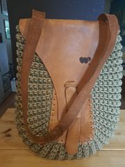 Shoulder bag, leather and rope, beige and green