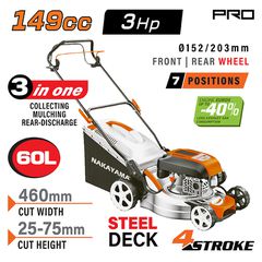 NAKAYAMA Pro PM5460 Χλοοκοπτική Βενζίνης,Ωθούμενη, 149cc, Πλάτος Κοπής 46cm, Κάδος 60L, 8 Θέσεις