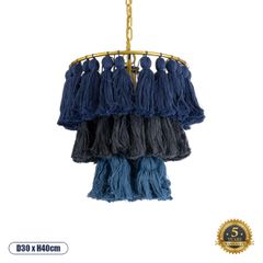 Boho Κρεμαστό Φωτιστικό MISSOULA Μονόφωτο 1 x E27 AC220-240V IP20 - Φ30 x Υ40cm - Μπλε Σκούρο με Μαύρο και Μπλε Λεπτό Νήμα Βαμβακερό και Χρυσό Μεταλλικό Πλέγμα