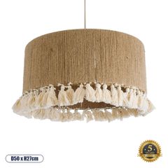 Boho Κρεμαστό Φωτιστικό PUERTORICO Μονόφωτο 1 x E27 AC220-240V IP20 - Φ50 x Υ27cm - Μπεζ με Λευκό Λεπτό Νήμα Πλέγμα Βαμβακερό Καπέλο