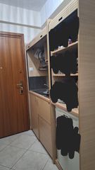 Πολυκουζίνα mini kitchen 190cm με μικρό ψυγείο & μικρό φουρνάκι απόχρωση δρυς ρόζοι για ξενώνες & γραφεία