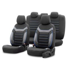 Σετ Καλύμματα Αυτοκινήτου Otom Individual Design Binek Universal Βαμβακερό Ύφασμα και Δερματίνη Εμπρός και Πίσω 11 Τεμαχίων Μαύρο / Γκρί με Μπλέ Ρίγα