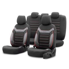 Σετ Καλύμματα Αυτοκινήτου Otom Individual Design Universal Βαμβακερό Ύφασμα και Δερματίνη Εμπρός και Πίσω 11 Τεμαχίων Μαύρο / Γκρί με Κόκκινη Ρίγα