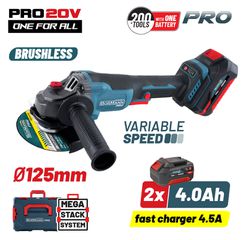 BORMANN PRO BBP3651X44CA Γωνιακός Τροχός Μπαταρίας Ρυθμιζόμενος Φ125 Brushless 20V Li-Ion με 12 Εξαρτήματα + 2x4Ah Μπαταρίες ( 084907 )
