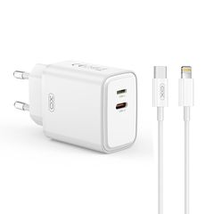 XO 249-0174 Φορτιστής με 2 Θύρες USB-C και Καλώδιο USB-C - Lightning 20W Power Delivery Λευκός
