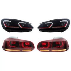 Fanária Emprós kai Fotistiká Píso Fóta LED katállhla gia VW Golf 6 VI (2008-2013) me Ananéosh G7.5 GTI Look Red Flowing Dunamikó Sequential Fotismós strofís LHD
