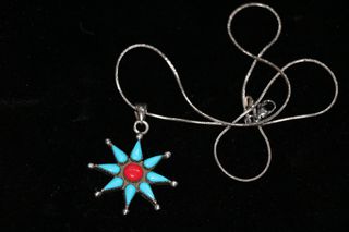 Μενταγιόν Αλυσίδα Κολιέ Τουρκουάζ ασήμι 925 sterling silver Navajo Indian Ινδιάνικη τέχνη SBTS113CH