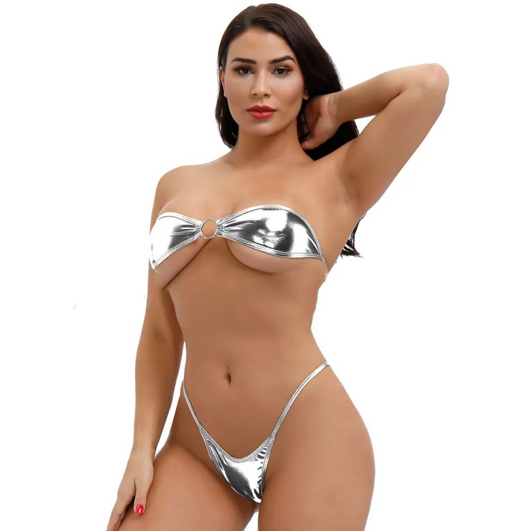 Sexy Solid Tube Top Bikini Swimsuit Silver