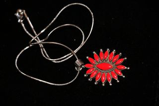 Μενταγιόν Αλυσίδα Κολιέ Κοράλλι ασήμι 925 sterling silver Navajo Indian Ινδιάνικη τέχνη SBTS116CH