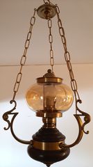 Φωτιστικό οροφής από μπρούτζο γυαλί και ξύλο, μονόφωτο, vintage