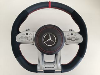 Τιμόνι Mercedes-Benz γνήσιο καινούργιο, AMG performance με αλκαντάρα, δερμάτινο αερόσακο και κόκκινες ραφές για W177 A-Class, C118 CLA-Class, W247 B-Class, H247 GLA κ.α.