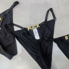 Sexy Rhinestone Letter Thong Panties Fuck Black os