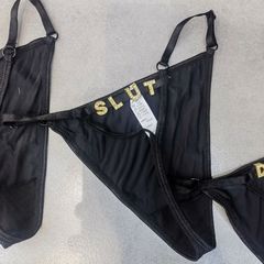 Sexy Rhinestone Letter Thong Panties Slut Black os