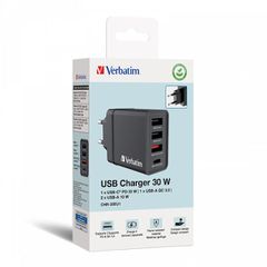 Verbatim Φορτιστής Χωρίς Καλώδιο GaN με 3 Θύρες USB-A και Θύρα USB-C 30W Power Delivery / Quick Charge 3.0 Μαύρος (CHR-3