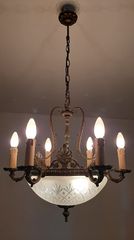 Vintage μπρούτζινο φωτιστικό οροφής με πλαφονιέρα, 9 φώτων σε άριστη κατάσταση