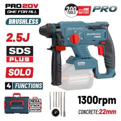 BORMANN Pro BBP5302CA Πνευματικό Σκαπτικό Πιστολέτο Μπαταρίας SDS-PLUS Brushless 20V Li-Ion 2,5J με 5 Εξαρτήματα έκδοση SOLO ( 085591 )