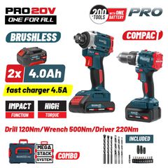 BORMANN PRO BBP5465X44T2CA ΣΕΤ Δραπανοκατσάβιδο Κρουστικό Μπαταρίας 120Nm + 2σε1 Μπουλονόκλειδο & Παλμικό Κατσαβίδι Μπαταρίας 20V Li-Ion 500/220Nm Brushless με 20 Εξαρτήματα + 2x4Ah Μπαταρίες ( 085263