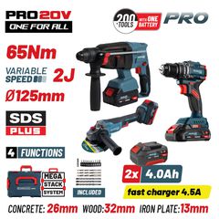 BORMANN PRO BBP5436X44T3CA ΣΕΤ Δραπανοκατσάβιδο Κρουστικό + Γωνιακός Τροχός Φ125mm + Πνευματικό Πιστολέτο SDS-PLUS 2J Μπαταρίας 20V Li-Ion Brushless με 32 Εξαρτήματα + 2x4Ah Μπαταρίες ( 085041 )
