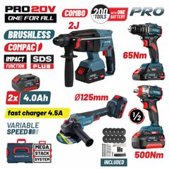 BORMANN PRO BBP5438X44T4CA ΣΕΤ Δραπανοκατσάβιδο Κρουστικό + Μπουλονόκλειδο 1/2'' + Γωνιακός Τροχός Φ125mm + Πνευματικό Πιστολέτο SDS-PLUS 2J Μπαταρίας 20V Li-Ion Brushless με 35 Εξαρτήματα + 2