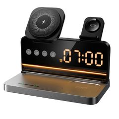 Ασύρματος Φορτιστής Hoco. DWQ03 4 in 1 Qi 15W για Smartphone Earbuds Smartwatch με Ψηφιακό Ρολόι και Ξυπνητήρι