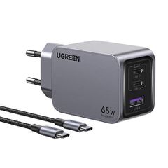 Ugreen Φορτιστής GaN με USB-A και 2 USB-C και Καλώδιο USB-C - USB-C 65W Power Delivery / Quick Charge 4.0 Γκρι (Nexode P