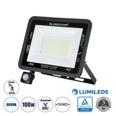 Επαγγελματικός Προβολέας LED 100W 12500lm 120° AC 220-240V με Ενσωματωμένο Ρυθμιζόμενο Αισθητήρα Κίνησης PIR - Αδιάβροχος IP67 - Μ25 x Π6.5 x Υ27.5cm - Μαύρο - Ψυχρό Λευκό 6000K - LUMILEDS Chips - TÜV