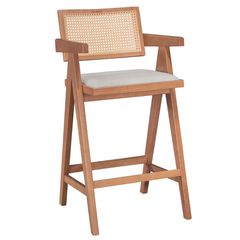 ΣΕΤ 2 TMX Σκαμπό bar Winslow pakoworld ξύλο rubberwood ανοικτό καρυδί-pvc rattan φυσικό-ύφασμα γκρι
