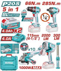 TOTAL ΕΠΑΓΓ. ΣΕΤ 5τεμ ΕΡΓΑΛΕΙΩΝ ΜΠΑΤ. Li-ion 20V / 4Ah / 2 ΜΠΑΤΑΡΙΕΣ BL Motor (TOSLI250692E)