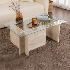 Τραπεζάκι σαλονιού Vetrino Megapap γυάλινο χρώμα travertine 105x65x40εκ.