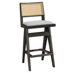 ΣΕΤ 2 TMX Σκαμπό bar Winslow pakoworld ξύλο rubberwood μαύρο-pvc rattan φυσικό-ύφασμα γκρι 44.5x46x98εκ