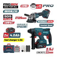 BBP5303X44Τ2CA Σετ Πνευματικό Brushless Σκαπτικό & Γωνιακός Τροχός Μπαταρίας 20V (2x4.0Ah) - 18V - 20V - BORMANN PRO (#085515)