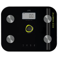 LIFE KINETIC Battery-free γυάλινη ψηφιακή ζυγαριά μπάνιου με λιπομέτρηση, 6 σε 1.