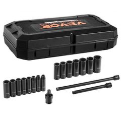 VEVOR 3/8" Drive Impact Socket Set, 18 Piece Deep Socket Set Metric 8-22mm, 6 Point CR-V Alloy Steel for Auto Repair, Ευανάγνωστα σημάδια μεγέθους, στιβαρή κατασκευή, περιλαμβάνει θήκη αποθήκευσης
